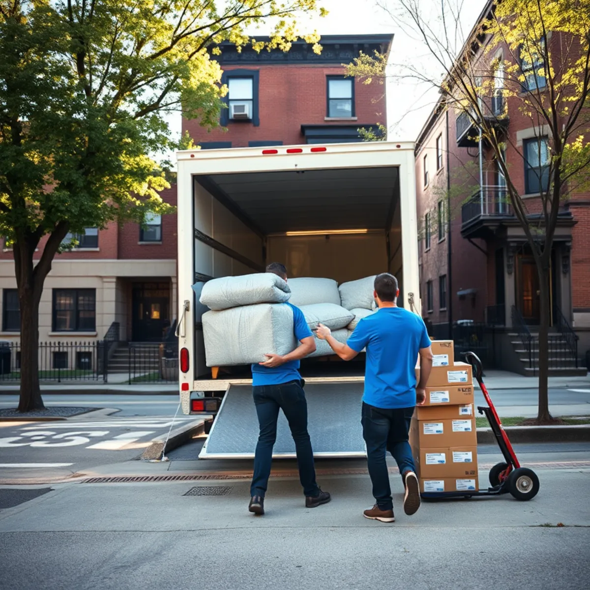 Melendez Moving crew loading a wrapped sofa and boxes into a moving truck on a Chicago street
